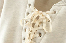 Stylish Metal Hole Lacing up V neck Strappy Sweatshirt Woman Short Pullover Hoodies Casual Jumper Sweats Tops Beige