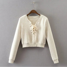 Stylish Metal Hole Lacing up V neck Strappy Sweatshirt Woman Short Pullover Hoodies Casual Jumper Sweats Tops Beige