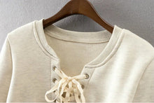 Stylish Metal Hole Lacing up V neck Strappy Sweatshirt Woman Short Pullover Hoodies Casual Jumper Sweats Tops Beige
