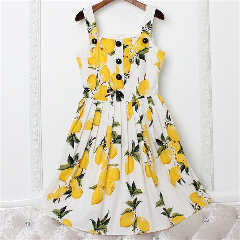 Floral Dress Yellow Lemon Print Dress Breasted Strap Party Dress Elega – Yo  La La