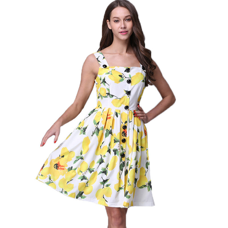 Floral Dress Yellow Lemon Print Dress Breasted Strap Party Dress Elega Yo La La Floral Dress Yellow Lemon Print Dress Breasted Strap Party Dress Elega Yo La La