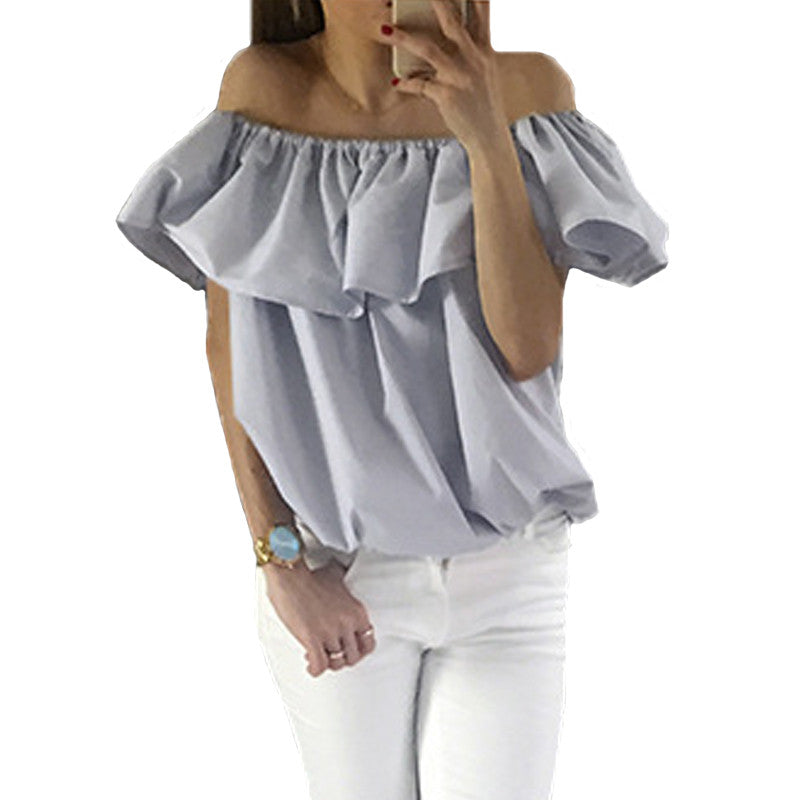 Style Off Shoulder Ruffle Blouses And Shirts Sexy Slash Neck Women Tops Casual Tees Loose Beach Tops