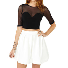 Sexy Women Crop Top Mesh Cutout Sweetheart Neckline Tops Ladies Short Sleeve Tops Black Shirt