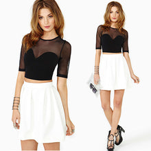 Sexy Women Crop Top Mesh Cutout Sweetheart Neckline Tops Ladies Short Sleeve Tops Black Shirt