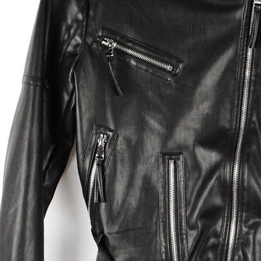 Trendy PU Leather Lapel Short Motorcycle Biker Jacket Women's Zipper Faux leather Ajustable Waist Hem Coat Outerwear Tops