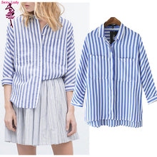 Vintage Contrast Blue & White Vertical Striped Print Pockets Shirt Women's Lapel Turn-down Casual Shirt Blouse Tops