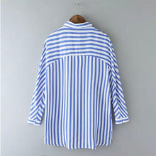 Vintage Contrast Blue & White Vertical Striped Print Pockets Shirt Women's Lapel Turn-down Casual Shirt Blouse Tops