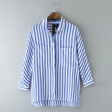 Vintage Contrast Blue & White Vertical Striped Print Pockets Shirt Women's Lapel Turn-down Casual Shirt Blouse Tops