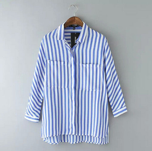 Vintage Contrast Blue & White Vertical Striped Print Pockets Shirt Women's Lapel Turn-down Casual Shirt Blouse Tops
