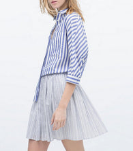 Vintage Contrast Blue & White Vertical Striped Print Pockets Shirt Women's Lapel Turn-down Casual Shirt Blouse Tops