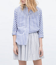 Vintage Contrast Blue & White Vertical Striped Print Pockets Shirt Women's Lapel Turn-down Casual Shirt Blouse Tops