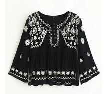 Vintage Flare Sleeve Flower Embroidery Shirt Ethnic Women Buttons O neck Pullover Blouse Femme Loose Tops