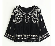 Vintage Flare Sleeve Flower Embroidery Shirt Ethnic Women Buttons O neck Pullover Blouse Femme Loose Tops