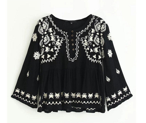 Vintage Flare Sleeve Flower Embroidery Shirt Ethnic Women Buttons O neck Pullover Blouse Femme Loose Tops