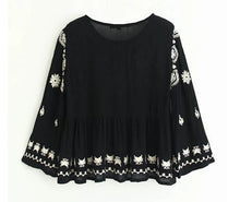 Vintage Flare Sleeve Flower Embroidery Shirt Ethnic Women Buttons O neck Pullover Blouse Femme Loose Tops