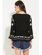 Vintage Flare Sleeve Flower Embroidery Shirt Ethnic Women Buttons O neck Pullover Blouse Femme Loose Tops