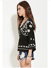 Vintage Flare Sleeve Flower Embroidery Shirt Ethnic Women Buttons O neck Pullover Blouse Femme Loose Tops