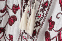 Vintage Red Flower Embroidery Shirt Ethnic Women Strappy V neck Short Sleeve Blouse Pullover Tops Femme white s m l