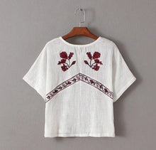 Vintage Red Flower Embroidery Shirt Ethnic Women Strappy V neck Short Sleeve Blouse Pullover Tops Femme white s m l