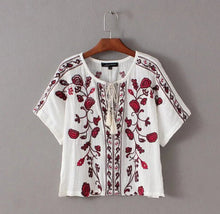 Vintage Red Flower Embroidery Shirt Ethnic Women Strappy V neck Short Sleeve Blouse Pullover Tops Femme white s m l
