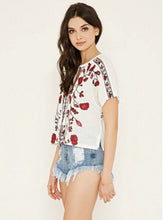 Vintage Red Flower Embroidery Shirt Ethnic Women Strappy V neck Short Sleeve Blouse Pullover Tops Femme white s m l