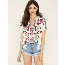 Vintage Red Flower Embroidery Shirt Ethnic Women Strappy V neck Short Sleeve Blouse Pullover Tops Femme white s m l