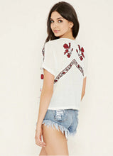 Vintage Red Flower Embroidery Shirt Ethnic Women Strappy V neck Short Sleeve Blouse Pullover Tops Femme white s m l