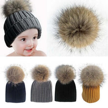 Warm Child Baby Girls Boys Knitted Woolen Natural Crochet Ski Kids Beanies Caps Raccoon Fur Pom Bobble Hats