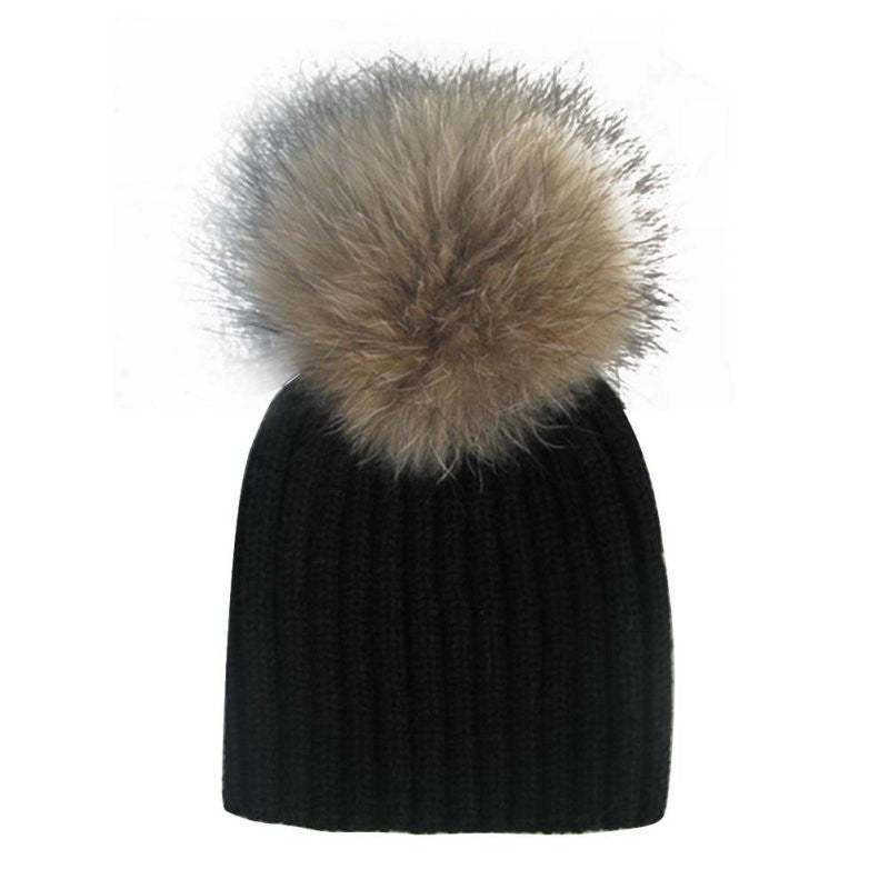 Warm Child Baby Girls Boys Knitted Woolen Natural Crochet Ski Kids Beanies Caps Raccoon Fur Pom Bobble Hats