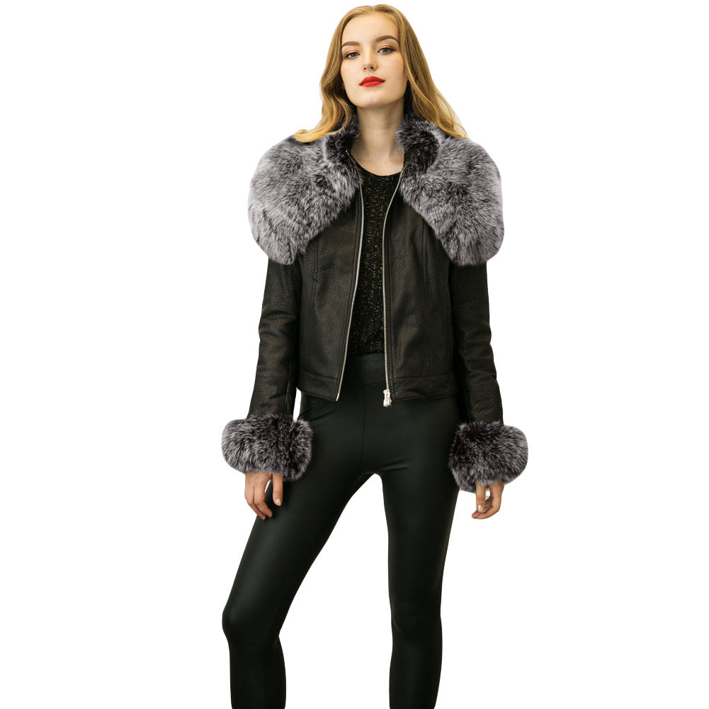 Women Short PU Leather Jacket Faux Fur Long Sleeve Bomber Motorcycle Zipper Coat Slim Punk Outerwear Jaqueta De Couro