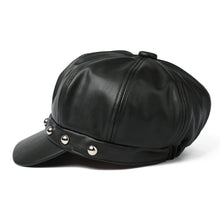 Woman Rivets Black PU Leather Peaked Cap Solid Newsboy Cap Cabbie Boina Fall Cap Sports Snapback Hat With Visor For Women
