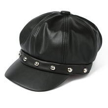 Woman Rivets Black PU Leather Peaked Cap Solid Newsboy Cap Cabbie Boina Fall Cap Sports Snapback Hat With Visor For Women