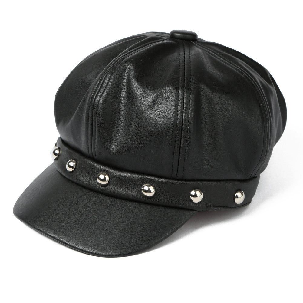 Woman Rivets Black PU Leather Peaked Cap Solid Newsboy Cap Cabbie Boina Fall Cap Sports Snapback Hat With Visor For Women