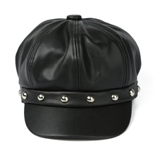 Woman Rivets Black PU Leather Peaked Cap Solid Newsboy Cap Cabbie Boina Fall Cap Sports Snapback Hat With Visor For Women