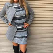 Women Knitted Striped Dress Bodycon Half Sleeve Ribbed Stretchy Long Sweater Jumper Dress Dark Blue Ladies Fall Dress