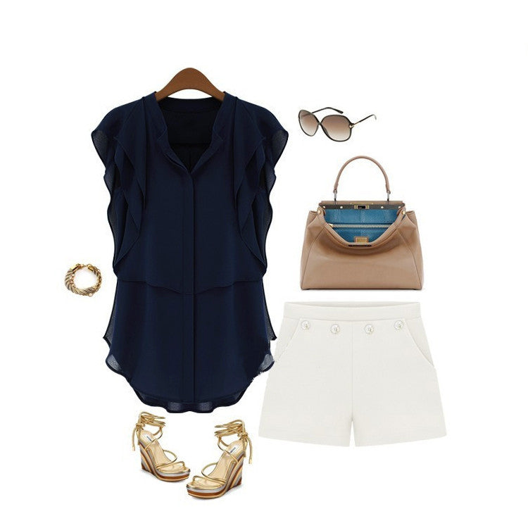 Women Chiffon Blouse High Street Stand Collar Short Butterfly Sleeve Solidcolor Elegant Blouses Tops blusas femininas