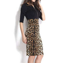 Women Dress Front Zipper Patchwork Leopard Print O Neck Half Sleeves OL Casual Vestidos Elegant OL Bodycon Dresses