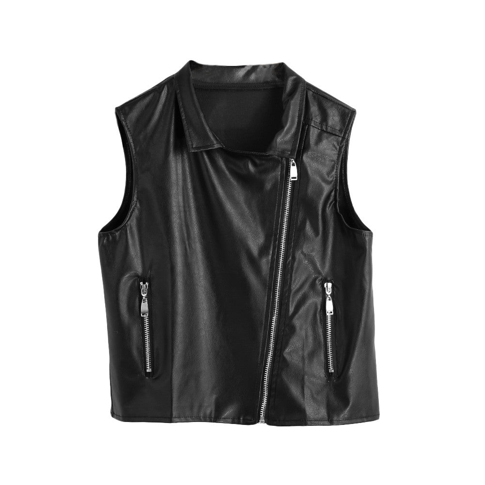 Women Faux Leather Vest Soft PU Lady Tatical Leather Motorcycle Vest Turn-down Collar Pocket Zip Colete WaistCoat Biker