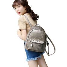 Women Girls PU Leather Backpack Rivet Woven Small Bag Zipper Multi Pockets Travel Bag Gray/Gold/Black Mochila New Fashion