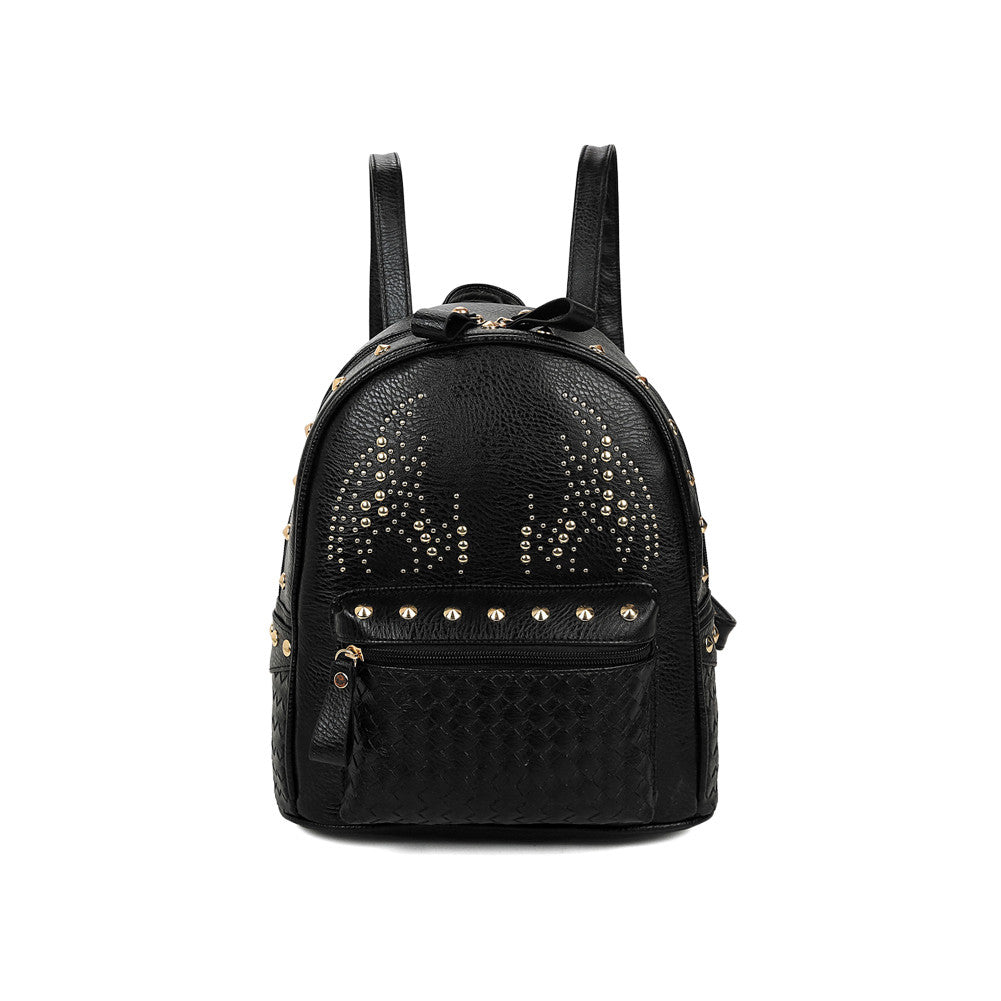 Women Girls PU Leather Backpack Rivet Woven Small Bag Zipper Multi Pockets Travel Bag Gray/Gold/Black Mochila New Fashion