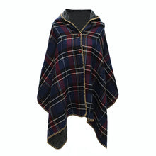 Women Hooded Ponchos Capes Long Shawl Plaid Print Button Elegant Oversize Loose Pashmina Aztec Outwear Casacos Femininos Tippet