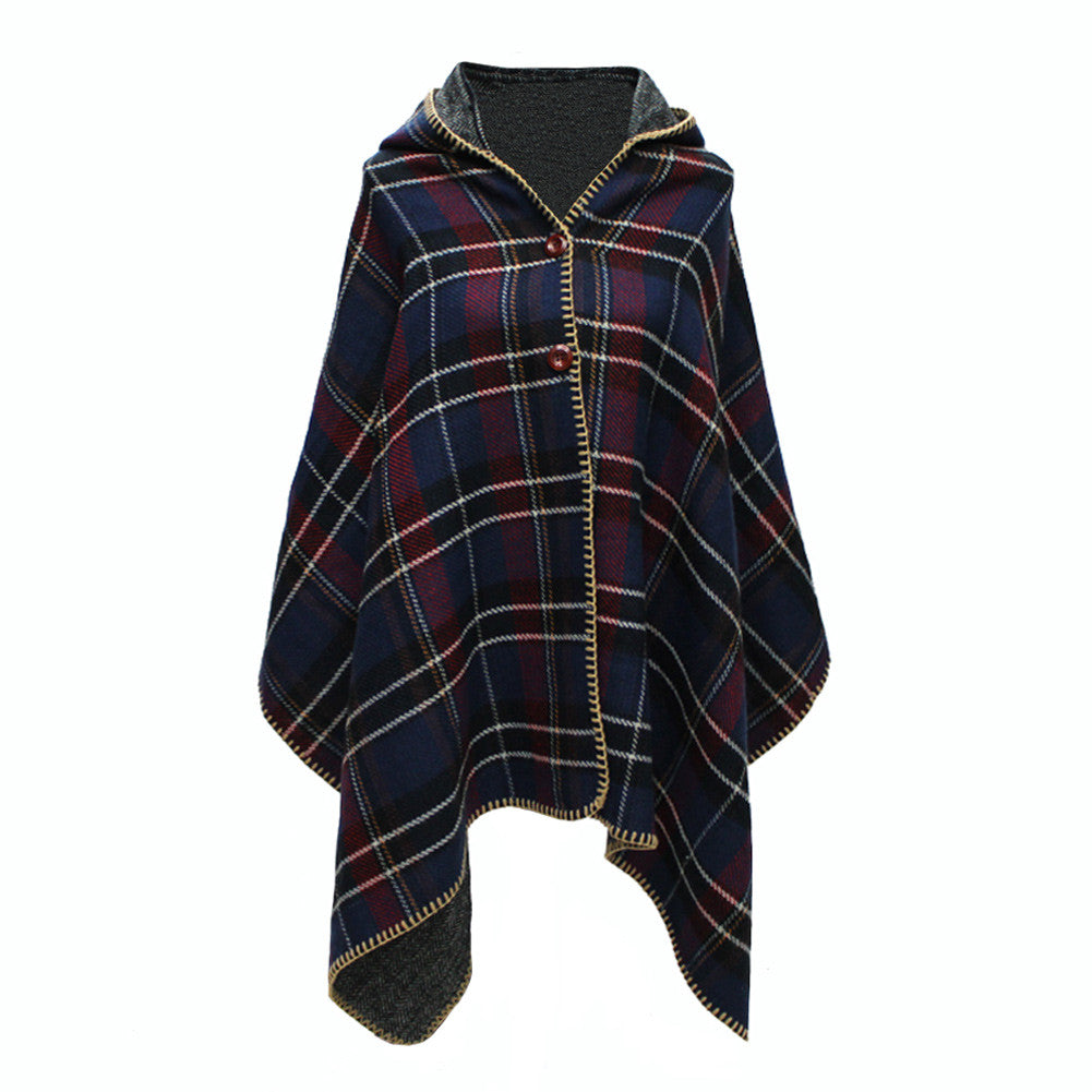 Women Hooded Ponchos Capes Long Shawl Plaid Print Button Elegant Oversize Loose Pashmina Aztec Outwear Casacos Femininos Tippet