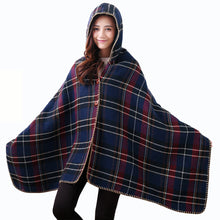 Women Hooded Ponchos Capes Long Shawl Plaid Print Button Elegant Oversize Loose Pashmina Aztec Outwear Casacos Femininos Tippet