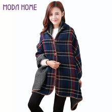 Women Hooded Ponchos Capes Long Shawl Plaid Print Button Elegant Oversize Loose Pashmina Aztec Outwear Casacos Femininos Tippet