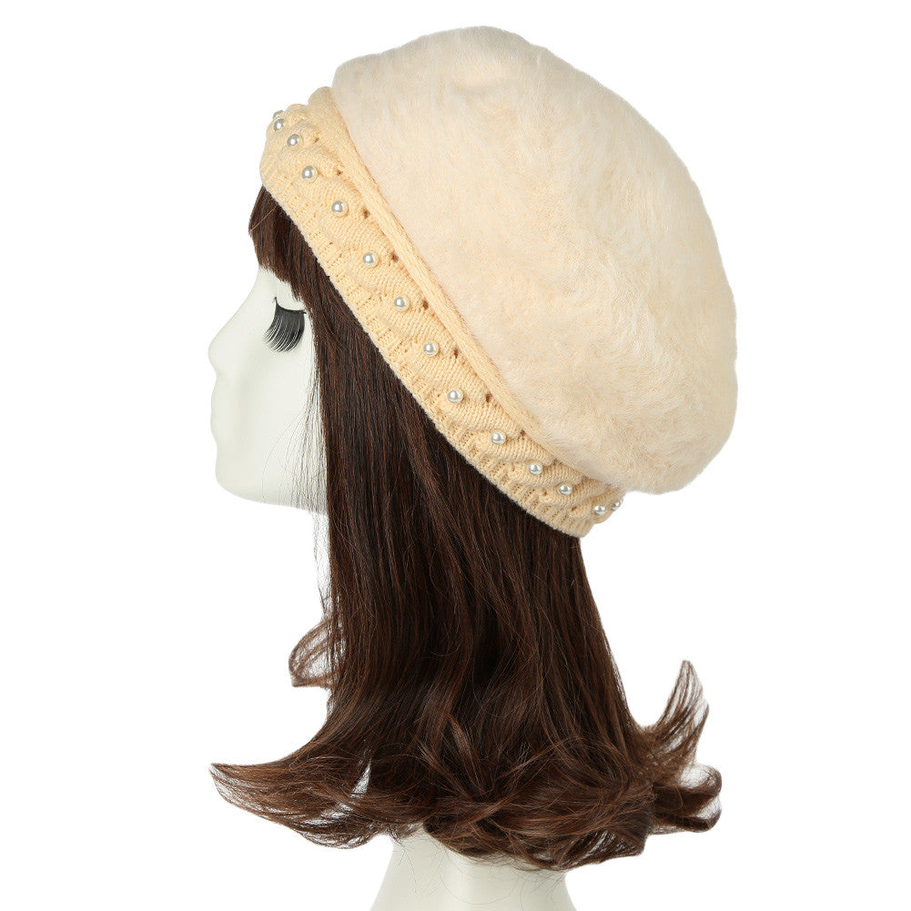 Women Knitting Hat Hat for Women Genuine Hat Handmade Beads Knitted Hem Warm Hat Cap Beanies Headgear Beret