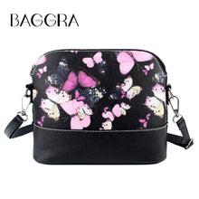 Women Shell Bag Shoulder Bag Butterfly Floral Print Crossbody Bag PU Leather Zipper Closure Messenger Bag Black Bolsa Feminina