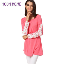 Women T-Shirt Crochet Lace Splicing Womens Tops Fashion O Neck Long Sleeve Casual Long Plus Size Top Pullover Black Tee