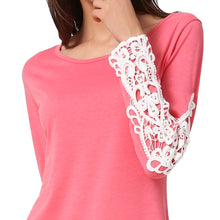 Women T-Shirt Crochet Lace Splicing Womens Tops Fashion O Neck Long Sleeve Casual Long Plus Size Top Pullover Black Tee