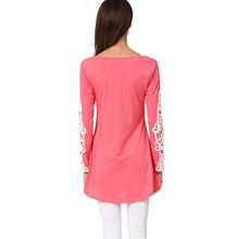 Women T-Shirt Crochet Lace Splicing Womens Tops Fashion O Neck Long Sleeve Casual Long Plus Size Top Pullover Black Tee
