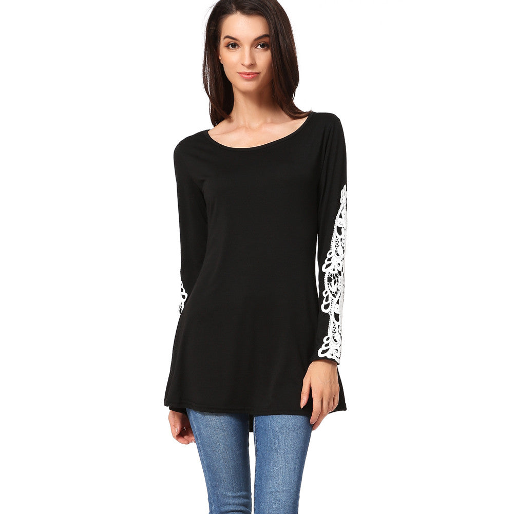 Women T-Shirt Crochet Lace Splicing Womens Tops Fashion O Neck Long Sleeve Casual Long Plus Size Top Pullover Black Tee